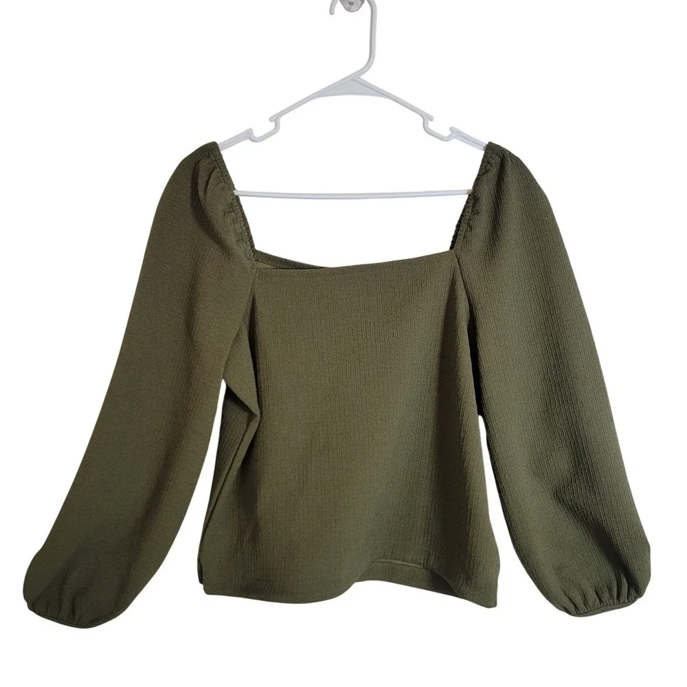 Madewell Crepe Square Neck Puff Balloon Sleeve Olive Green Top Small Romantic